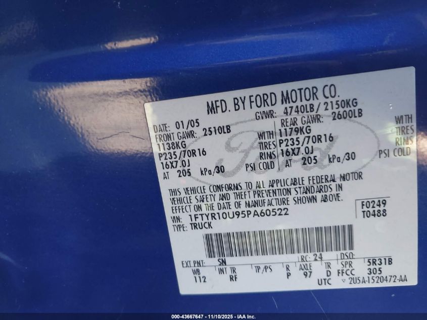 2005 Ford Ranger Edge/Stx/Xl/Xls/Xlt VIN: 1FTYR10U95PA60522 Lot: 43667647