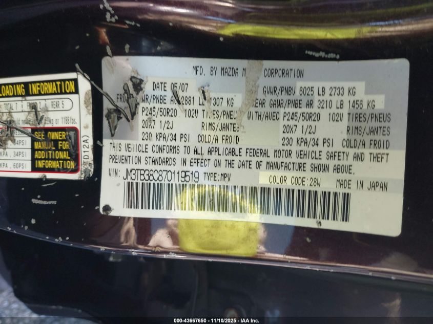2007 Mazda Cx-9 Grand Touring VIN: JM3TB38C870119519 Lot: 43667650