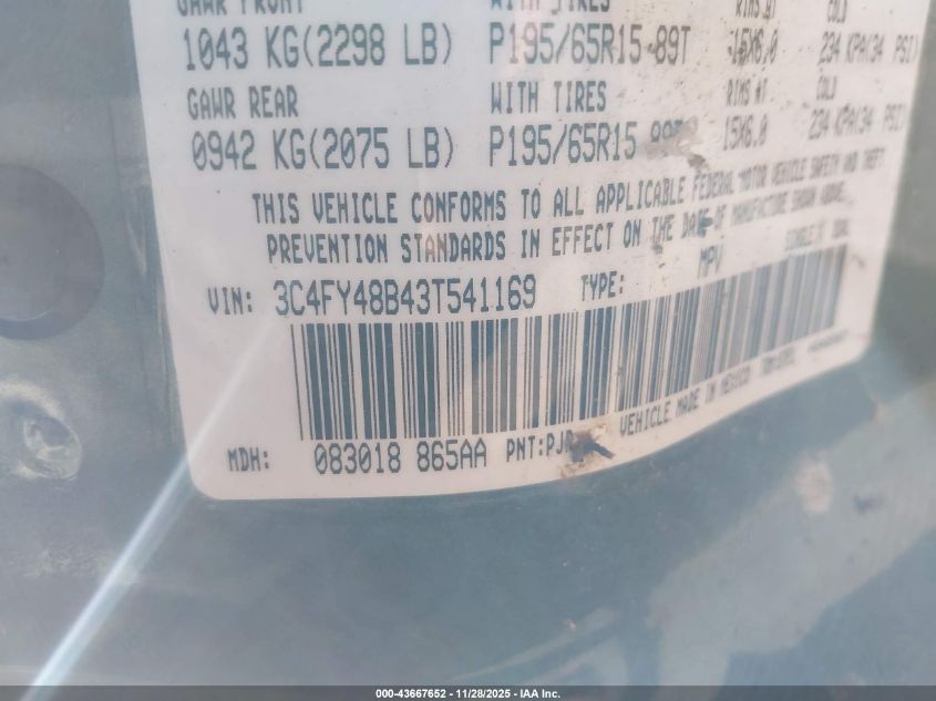 2003 Chrysler Pt Cruiser VIN: 3C4FY48B43T541169 Lot: 43667652