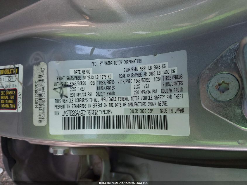2009 Mazda Cx-9 Grand Touring VIN: JM3TB28A490179762 Lot: 43667659