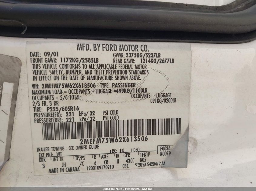 2002 Mercury Grand Marquis Ls VIN: 2MEFM75W62X613506 Lot: 43667662