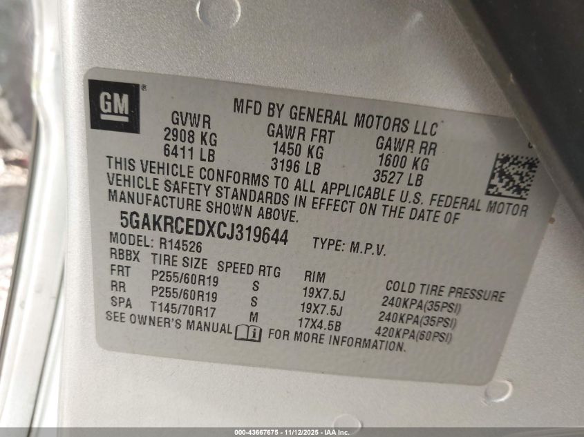 2012 Buick Enclave Leather VIN: 5GAKRCEDXCJ319644 Lot: 43667675