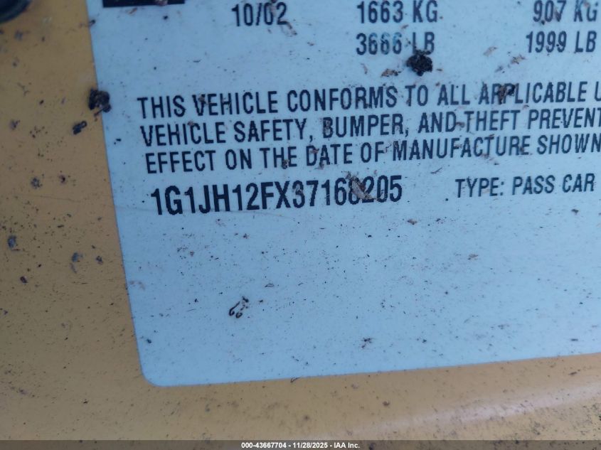 2003 Chevrolet Cavalier Ls Sport VIN: 1G1JH12FX37168205 Lot: 43667704