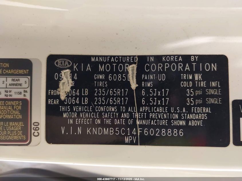 2015 Kia Sedona Lx VIN: KNDMB5C14F6028886 Lot: 43667717