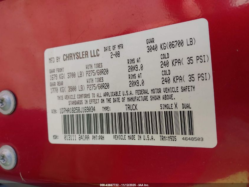 2008 Dodge Ram 1500 Slt VIN: 1D7HA18258J169034 Lot: 43667722