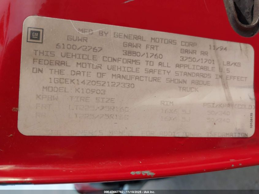 1995 Chevrolet Gmt-400 K1500 VIN: 1GCEK14Z0SZ127330 Lot: 43667762