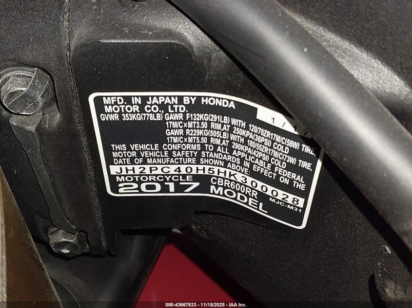 2017 Honda Cbr600 Rr VIN: JH2PC40H5HK300028 Lot: 43667833