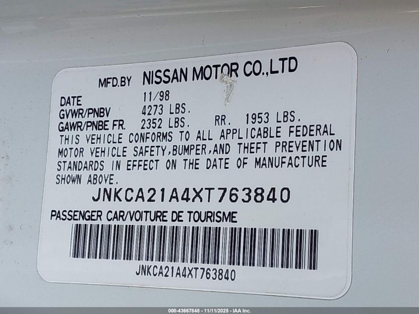 1999 Infiniti I30 Limited/Standard/Touring VIN: JNKCA21A4XT763840 Lot: 43667848