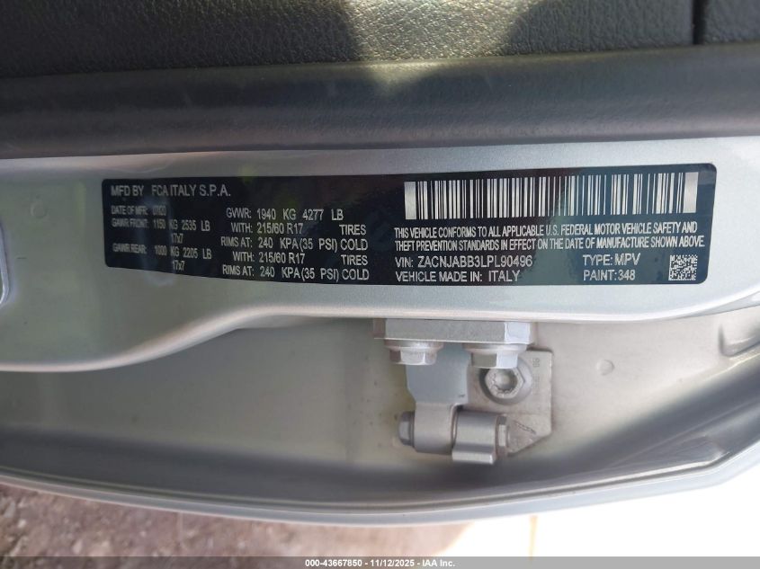 2020 Jeep Renegade Latitude Fwd VIN: ZACNJABB3LPL90496 Lot: 43667850