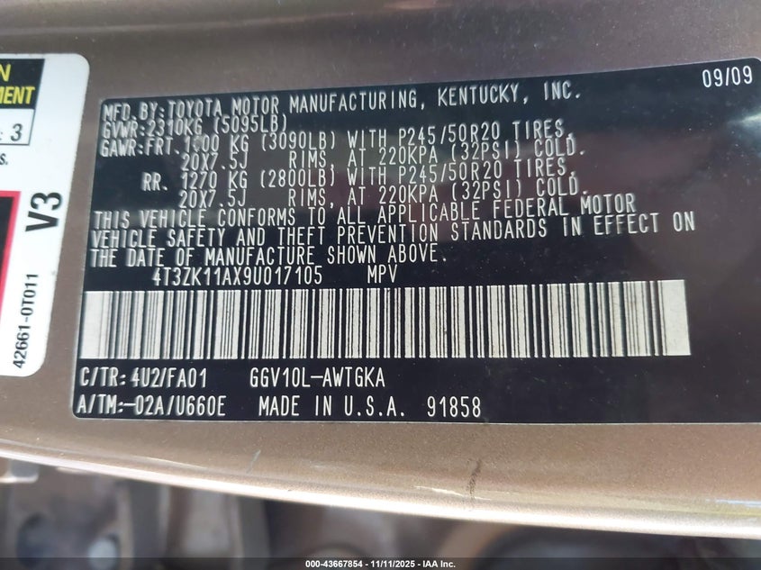 4T3ZK11AX9U017105 2009 TOYOTA VENZA photo no. 9