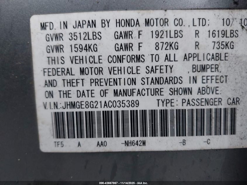 2010 Honda Fit VIN: JHMGE8G21AC035389 Lot: 43667867