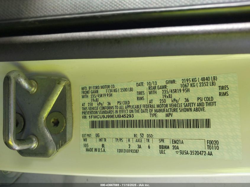 2014 Ford Escape Titanium VIN: 1FMCU9J99EUB45293 Lot: 43667869