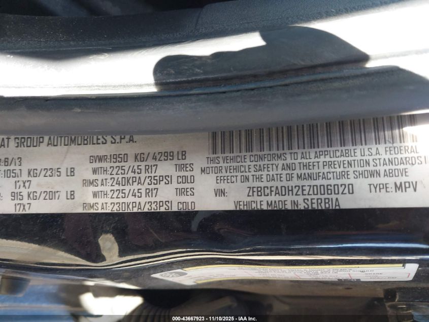 2014 Fiat 500L Trekking VIN: ZFBCFADH2EZ006020 Lot: 43667923