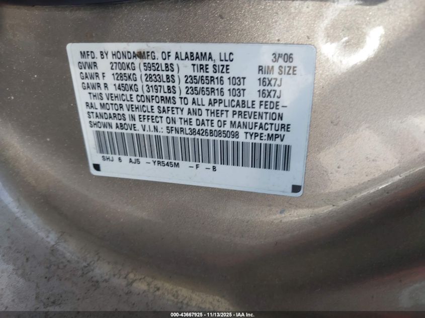 2006 Honda Odyssey Ex VIN: 5FNRL38426B085098 Lot: 43667925