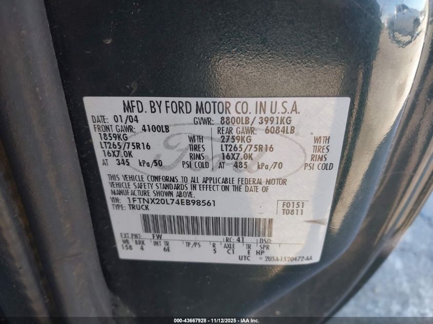 2004 Ford F-250 Lariat/Xl/Xlt VIN: 1FTNX20L74EB98561 Lot: 43667928