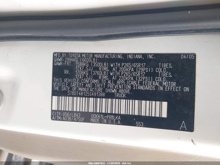 2005 Toyota Tundra Limited V8 VIN: 5TBDT48125S491388 Lot: 43667932