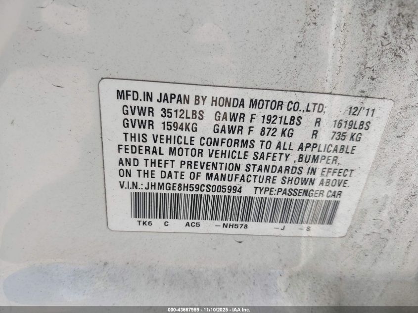 2012 Honda Fit Sport VIN: JHMGE8H59CS005994 Lot: 43667959