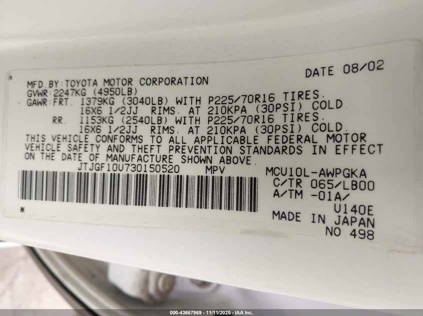 2003 Lexus Rx 300 VIN: JTJGF10U730150520 Lot: 43667969