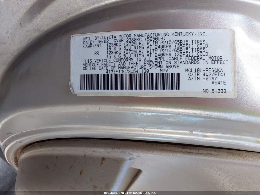 2003 Toyota Sienna Le VIN: 4T3ZF13C73U541130 Lot: 43667978