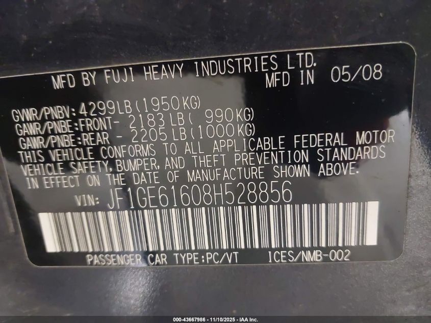 2008 Subaru Impreza 2.5I VIN: JF1GE61608H528856 Lot: 43667986