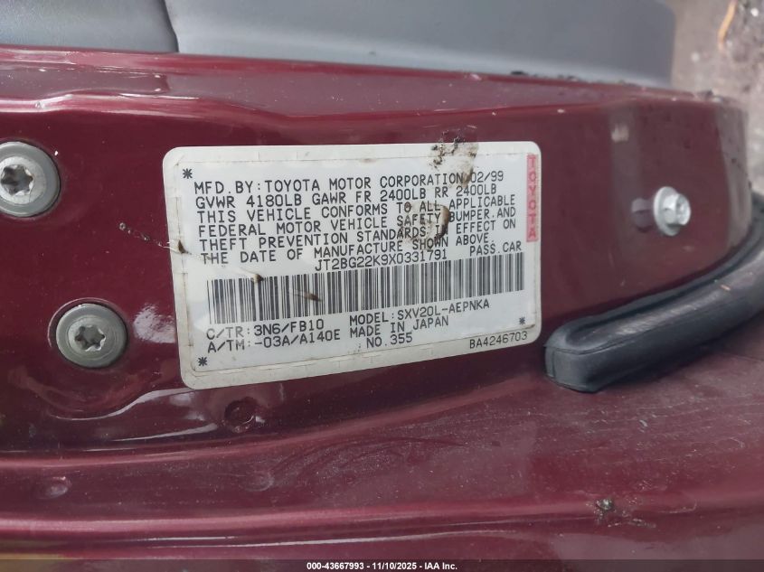 1999 Toyota Camry Le VIN: JT2BG22K9X0331791 Lot: 43667993