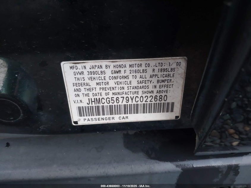 2000 Honda Accord 2.3 Se VIN: JHMCG5679YC022680 Lot: 43668003