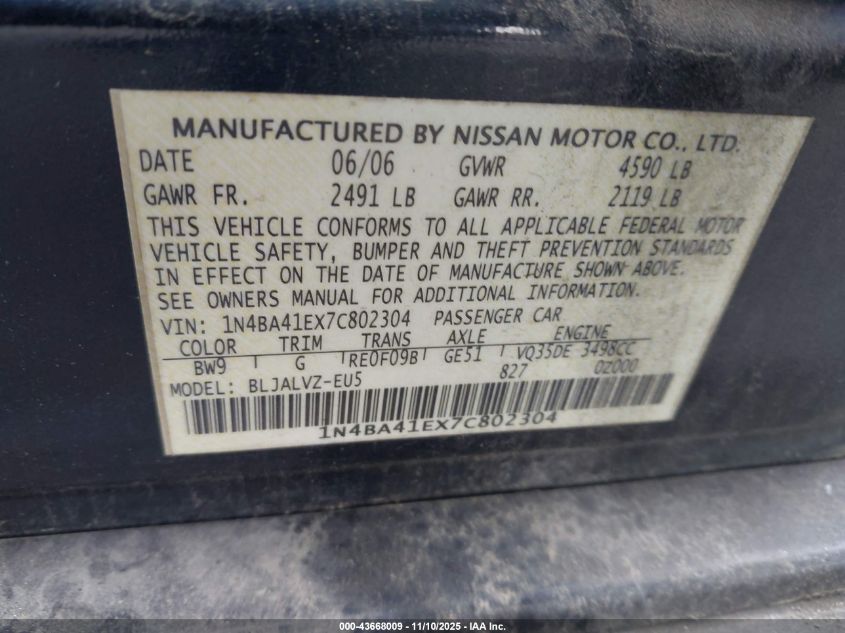 2007 Nissan Maxima 3.5 Se VIN: 1N4BA41EX7C802304 Lot: 43668009