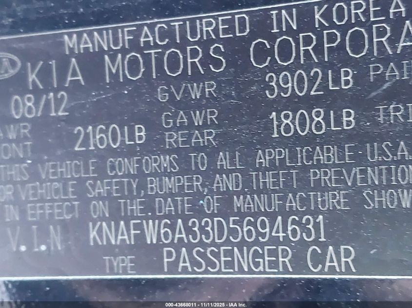 2013 Kia Forte Koup Sx VIN: KNAFW6A33D5694631 Lot: 43668011