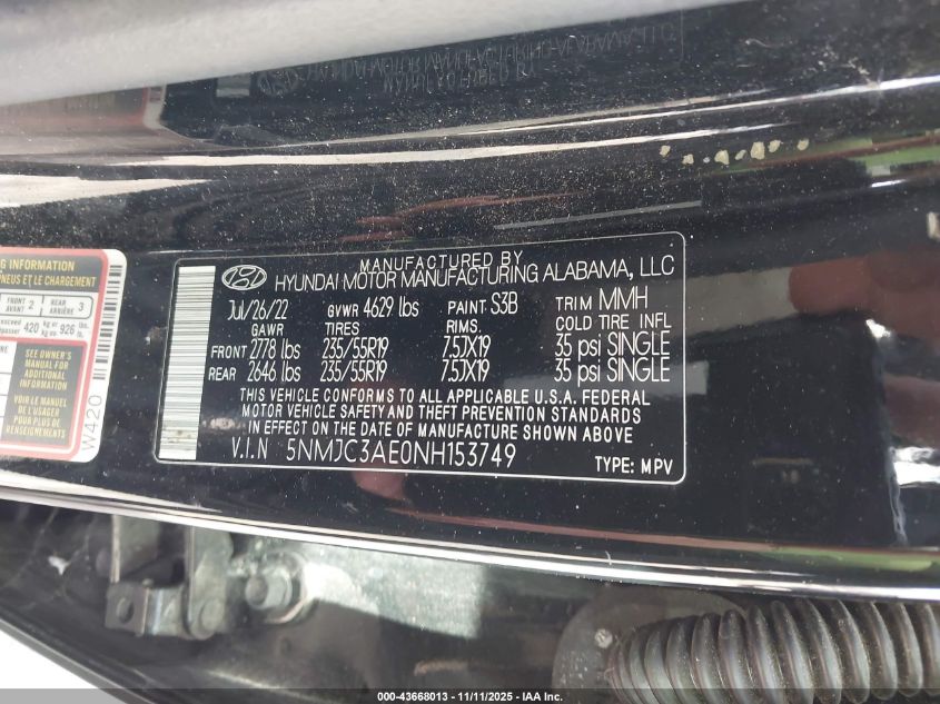 2022 Hyundai Tucson Sel VIN: 5NMJC3AE0NH153749 Lot: 43668013