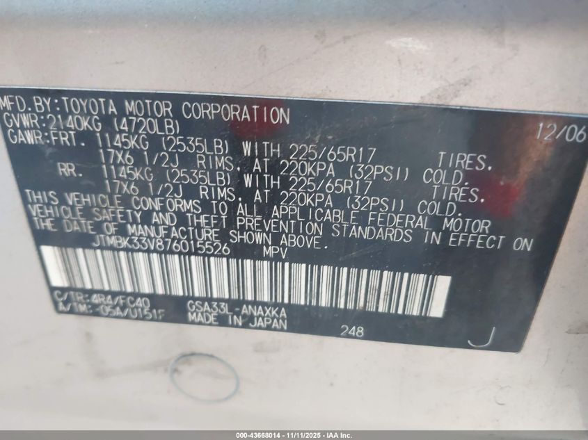 2007 Toyota Rav4 Base V6 VIN: JTMBK33V876015526 Lot: 43668014