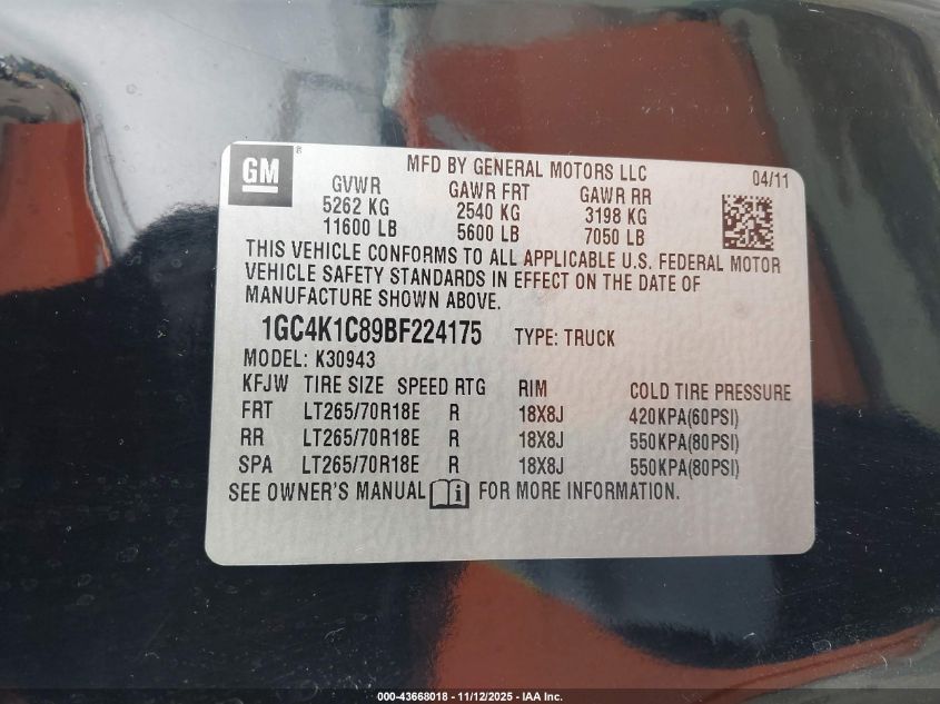 2011 Chevrolet Silverado 3500Hd Ltz VIN: 1GC4K1C89BF224175 Lot: 43668018