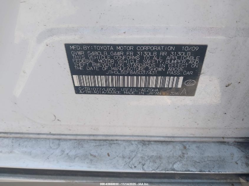 2010 Lexus Ls 460 L VIN: JTHGL5EF8A5037431 Lot: 43668030