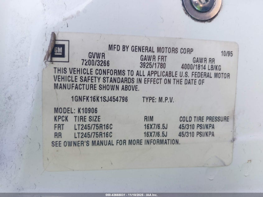 1995 Chevrolet Suburban K1500 VIN: 1GNFK16K1SJ454796 Lot: 43668031