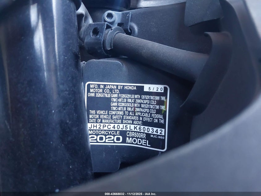 2020 Honda Cbr600 Rr VIN: JH2PC40J5LK600342 Lot: 43668032