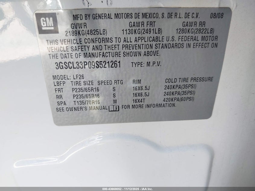 3GSCL33P09S521261 2009 SATURN VUE photo no. 9
