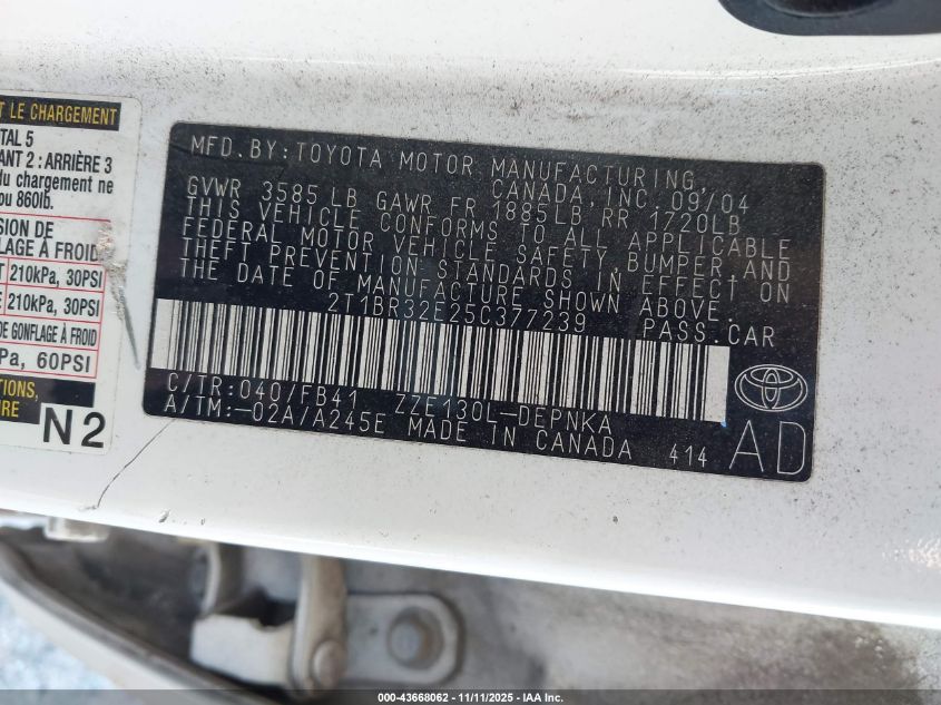 2005 Toyota Corolla Le VIN: 2T1BR32E25C377239 Lot: 43668062