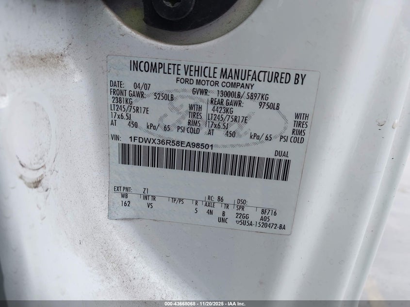 2008 Ford F-350 Chassis Lariat/Xl/Xlt VIN: 1FDWX36R58EA98501 Lot: 43668068