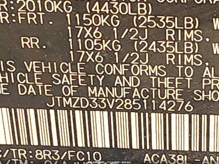 2008 Toyota Rav4 VIN: JTMZD33V285114276 Lot: 43668082