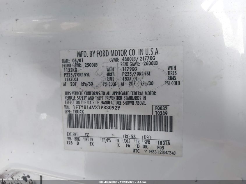 2001 Ford Ranger Edge/Xl/Xlt VIN: 1FTYR14VX1PB30929 Lot: 43668083