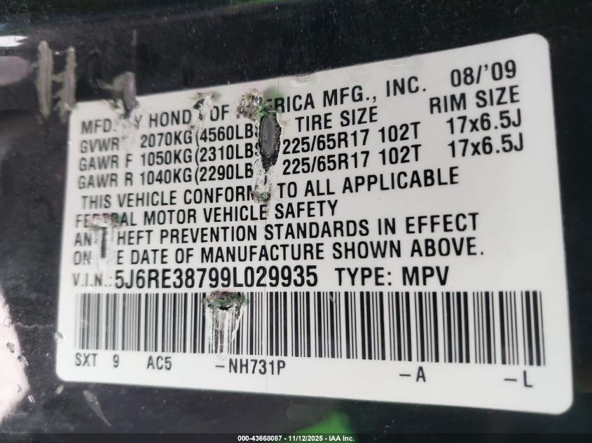 2009 Honda Cr-V Ex-L VIN: 5J6RE38799L029935 Lot: 43668087