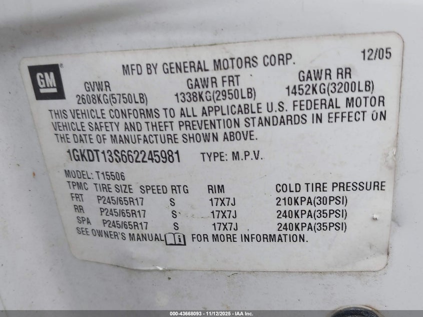 2006 GMC Envoy Slt VIN: 1GKDT13S662245981 Lot: 43668093