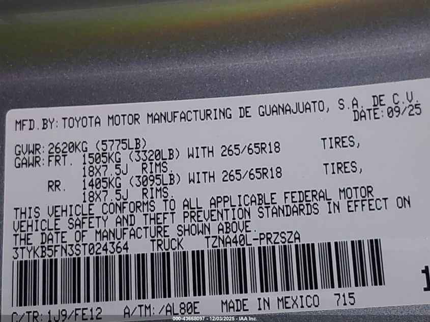 2025 Toyota Tacoma VIN: 3TYKB5FN3ST024364 Lot: 43668097