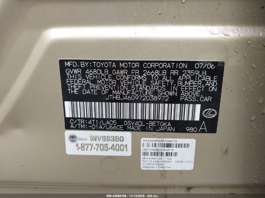 2007 Lexus Es 350 VIN: JTHBJ46G972038972 Lot: 43668106