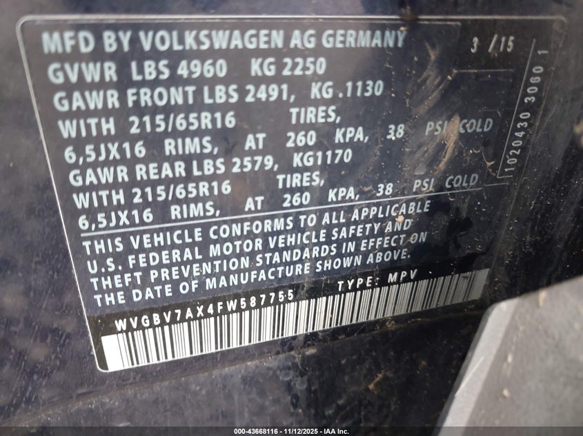 2015 VOLKSWAGEN TIGUAN S WVGBV7AX4FW587755
