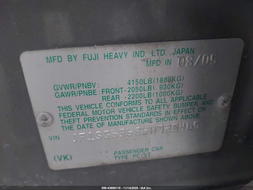 2006 Subaru Forester 2.5X VIN: JF1SG63686H725465 Lot: 43668118