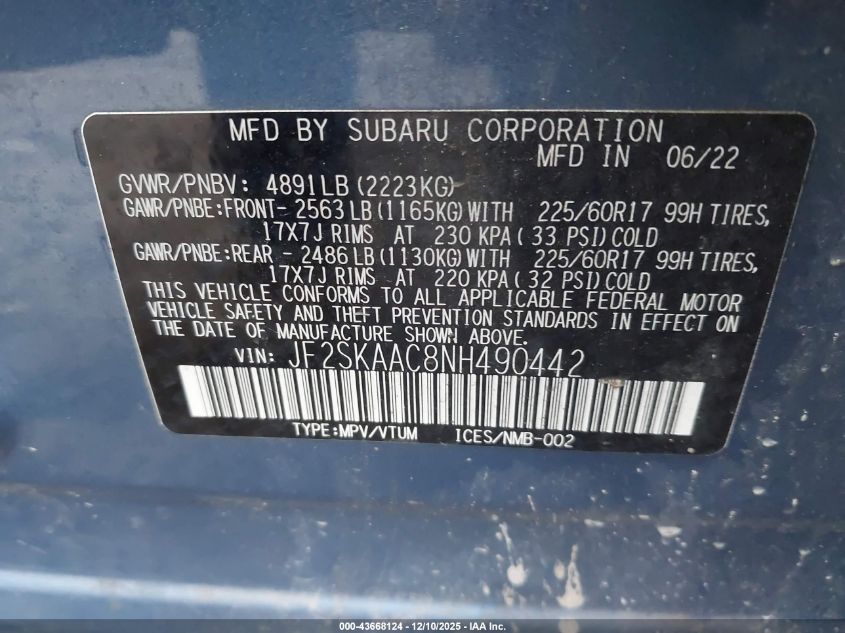 2022 Subaru Forester VIN: JF2SKAAC8NH490442 Lot: 43668124