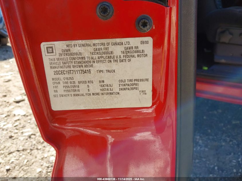 2001 Chevrolet Silverado 1500 Ls VIN: 2GCEC19T711175416 Lot: 43668136