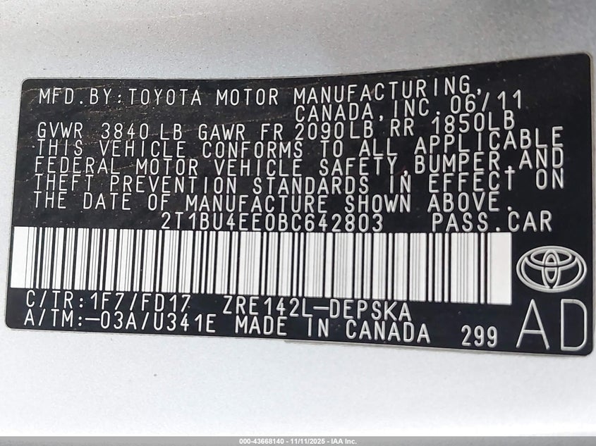 2T1BU4EE0BC642803 2011 TOYOTA COROLLA photo no. 9