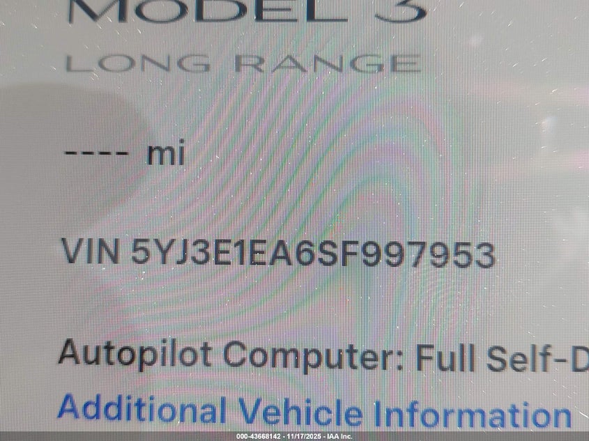 2025 Tesla Model 3 Long Range Rear-Wheel Drive/Standard VIN: 5YJ3E1EA6SF997953 Lot: 43668142