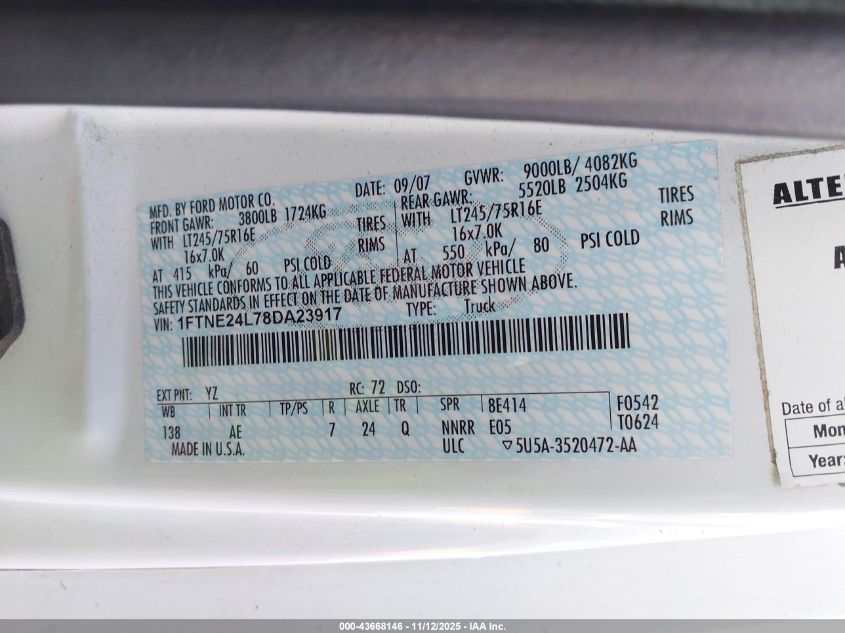 2008 Ford E-250 Commercial/Recreational VIN: 1FTNE24L78DA23917 Lot: 43668146